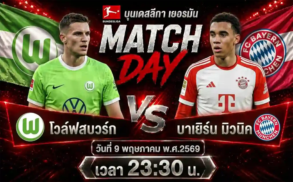 วิเคราะห์ ทีเด็ดบอล โวล์ฟสบวร์ก vs บาเยิร์น มิวนิค บุนเดสลีกา เยอรมัน 9 พฤษภาคม 2569